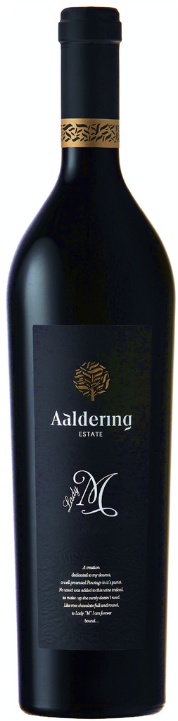 Voorkant fles van Aaldering Estate Lady M pinotage Zuid-Afrika 2024 rode wijn