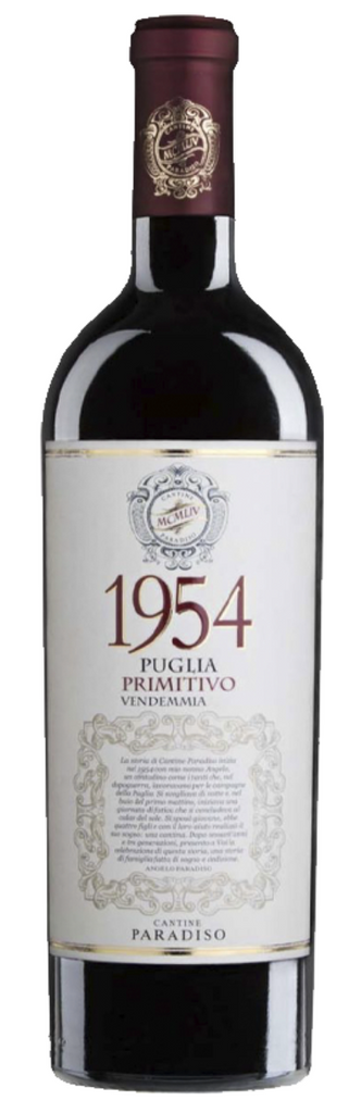 Voorkant van fles Cantine Paradiso 1954 Primitivo Puglia IGP 2022 rode wijn