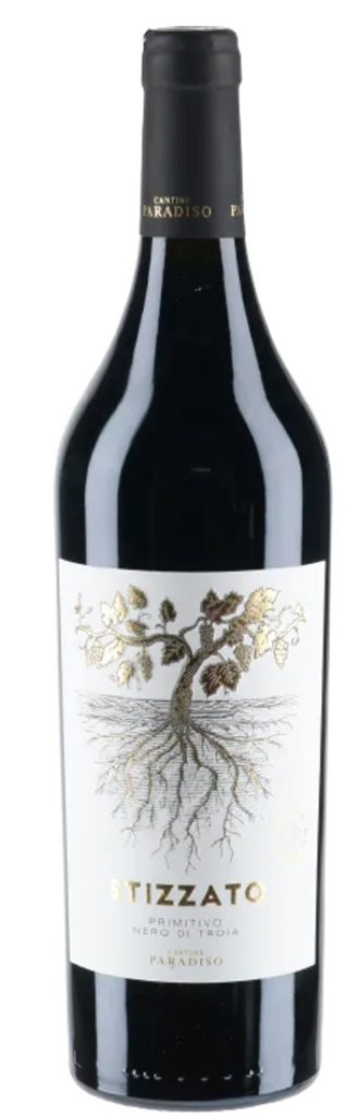 Voorkant van fles Cantine Paradiso Stizzato Primitivo/Nero di Troia Puglia IGP 2020 rode wijn